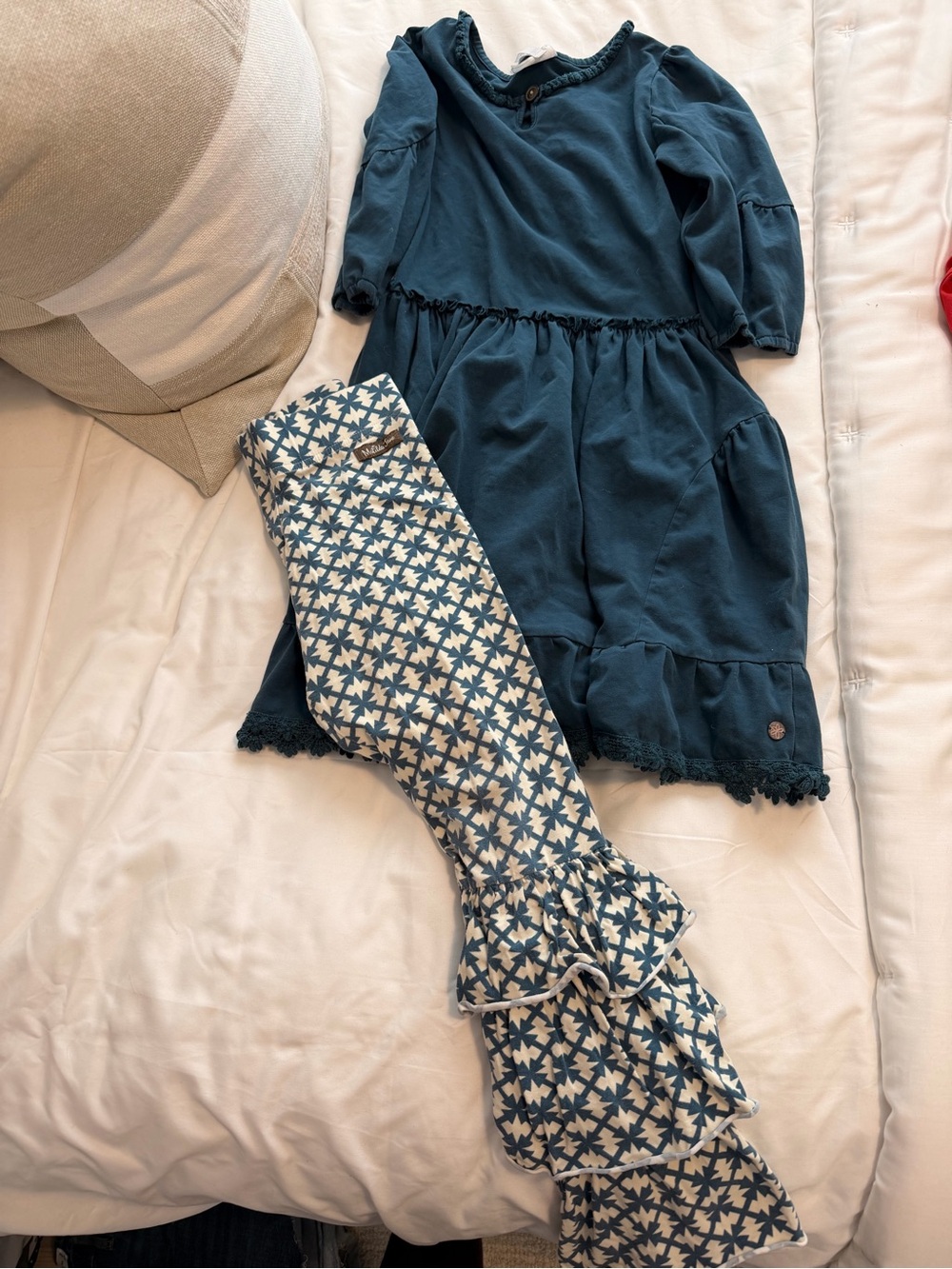 Matilda Jane Girls Teal Blue Dress with Blue & White Patterned Ruffle Pants